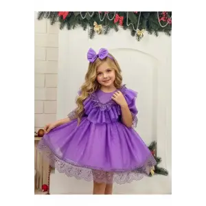 KOPYA - Bebe Mavisi Danteli Kız Çocuk Elbisesi