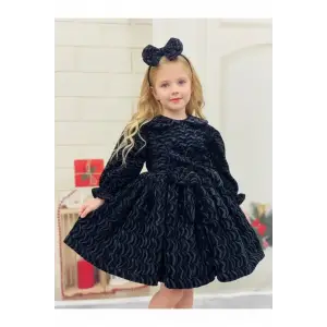 Siyah Kadife Bebe Yakalı Kız Çocuk Elbisesi