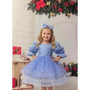 Mavi Payetli Prenses Kız Çocuk Abiye Elbise