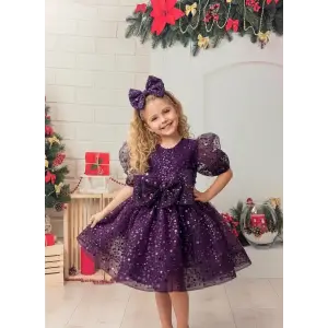 Mor Payetli Prenses Kız Çocuk Abiye Elbise – Balon Kollu & Fiyonk Aksesuarlı
