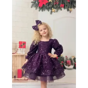 Mor Uzun Kollu Payetli Prenses Kız Çocuk Abiye Elbise