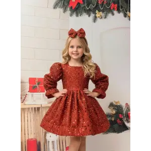 Kiremit Uzun Kollu Kız Çocuk Elbise Abiye