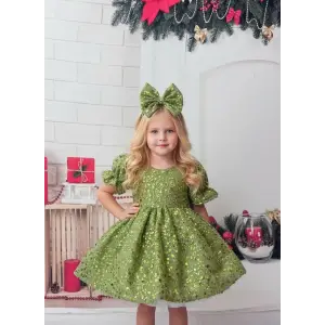 Fıstık Yeşili Taşlı Kabarık Kız Çocuk Elbisesi Abiye