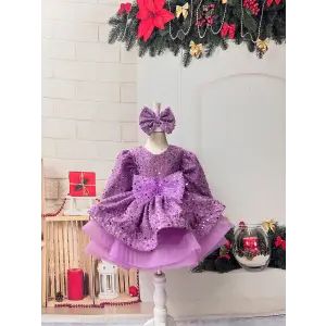 Lila Işıltılı Fiyonklu Kız Çocuk Abiye Elbise