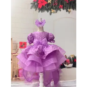 Lila Kısa Kollu  Kuyruklu Kız Çocuk Abiye Elbise