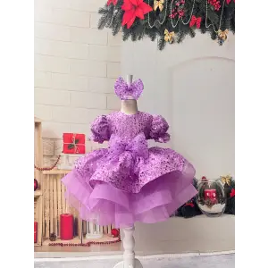 Lila Kısa kollu Kız Çocuk Abiye Elbise