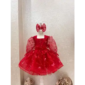Kız Çocuk Kırmızı Kelebekli ve Tüllü Prenses Abiye Elbise