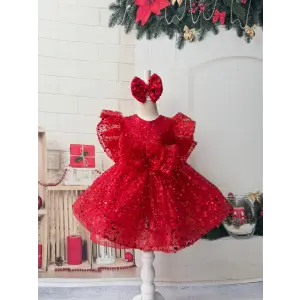Kırmızı Payetli Kız Çocuk Abiye Elbise