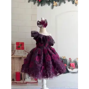 Mor  Çiçek Aplikeli Tek Omuz Kız Çocuk Kabarık Abiye
