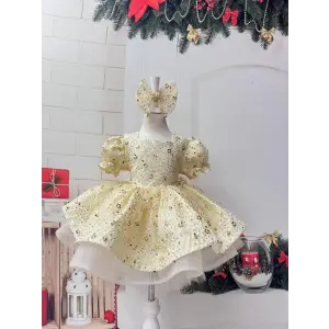 Altın Işıltılı Kare Yakalı Payetli Kız Çocuk Elbise Abiye