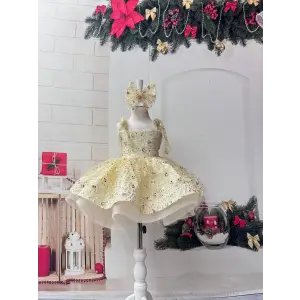 Altın Işıltılı Askılı Payetli Kız Çocuk Elbise Abiye