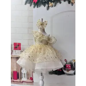 Altın Işıltılı Tek Omuzlu Payetli Kız Çocuk Elbise Abiye