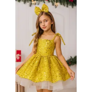 Altın Sarısı Payetli Kız Çocuk Abiye Elbise