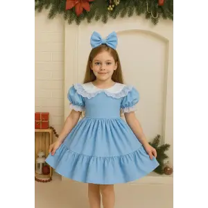 Bebe Mavisi Bebe Yakalı Kız Çocuk Elbisesi