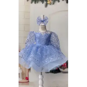 Bebe Mavisi Kare Yakalı Taşlı Kız Coçuk Elbise