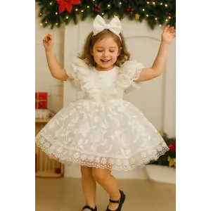 Beyaz Dantelli Kız Çocuk Elbisesi abiye