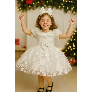 Beyaz fırfırlı Yaka Kız Çocuk Elbisesi abiye