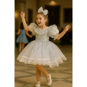 Beyaz Frozen Dantelli Kız Çocuk Elbisesi