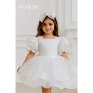 Beyaz Prenses Payetli Abiye Elbise