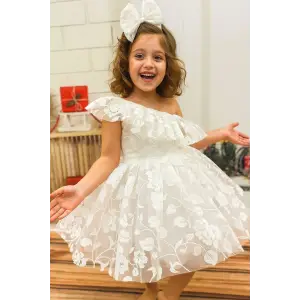 Beyaz Tek Omuzlu Fırfırlı Kız Çocuk Elbisesi