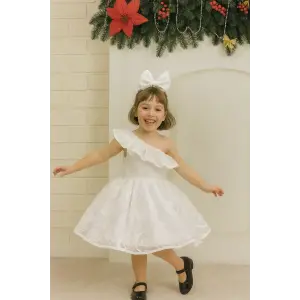 Beyaz Tek Omuzlu Kız Çocuk Elbisesi