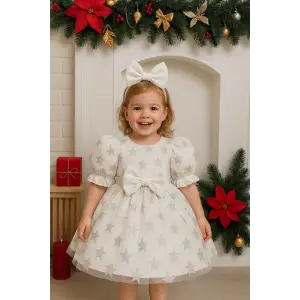 Beyaz Yıldız Işıltısı Prenses Elbisesi Abiye