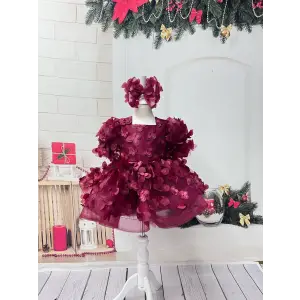 Bordo Çiçek Desenli Kız Çocuk Elbise biye