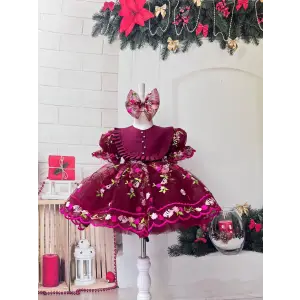 Bordo Çiçek Nakışlı Prenses Kız Çocuk Elbisesi Abiye