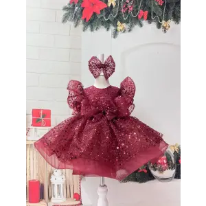 Bordo Payetli Prenses Kız Çocuk Abiye Elbise