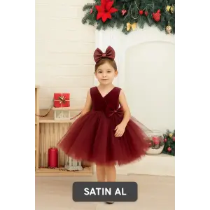 Bordo Sıfır Kollu Kız Çocuk Elbisesi