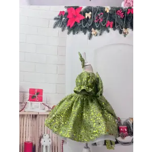 Fıstık Yeşili Taşlı Kabarık Kız Çocuk Elbisesi Abiye