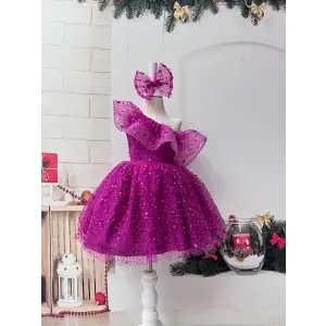 Fuşyaya Tek Omuzlu Işıltılı Payetli Kız çocuk Elbise Abiye