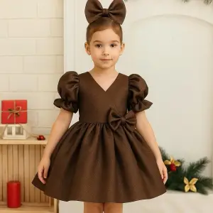 Kahve V yakalı Kız Çocuk Elbisesi