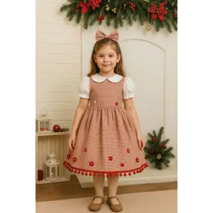 Gül Kurusu Ciceklı Desenli Kız Çocuk Elbisesi