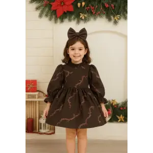 Kadife Çikolata Rengi Bayetli Kız Çocuk Elbisesi