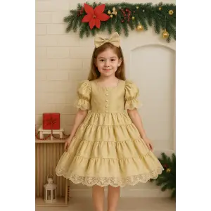 Kapuçino Ön Dantel Detaylı Kız Çocuk Elbisesi