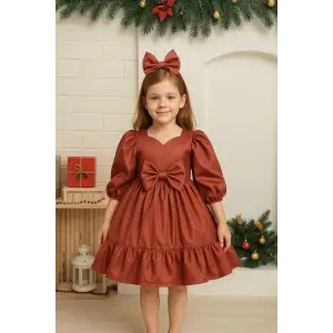 Kiremit Fır Fırlı Kız Çocuk Elbisesi