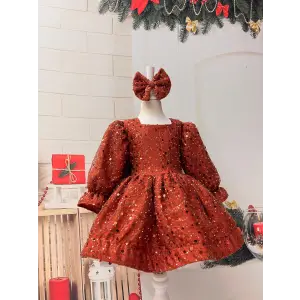 Kiremit Uzun Kollu  Kız Çocuk  Elbise Abiye