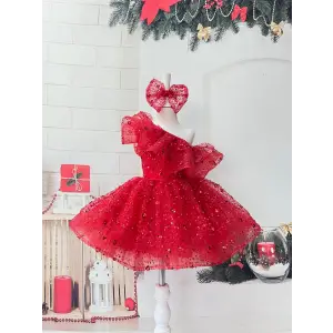 Kırmızı Açık Omuzlu Kız çocuk Elbisesi Abiye