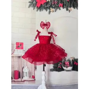 Kırmızı Askılı Kare Yakalı Kız çocuk Elbisesi Abiye