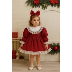 Kırmızı Dantelli Kız Çocuk Elbisesi