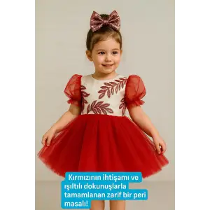 Kırmızı Jan Jan Tüllü Kız Çocuk Elbisesi