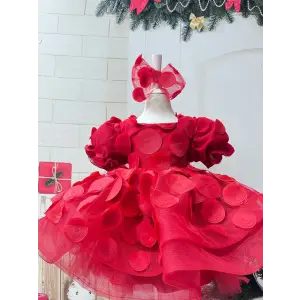 Kırmızı 3D Daire İşlemeli Kız Çocuk Abiye Elbise