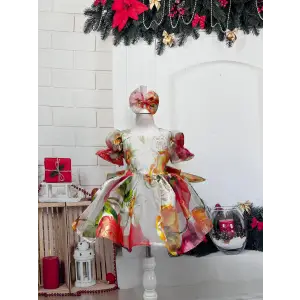 Kırmızı krem Kare Yakalı Kız Çocuk elbisesi