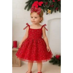 Kırmızı taşlı İşleme Kız çocuk Elbise Abiye