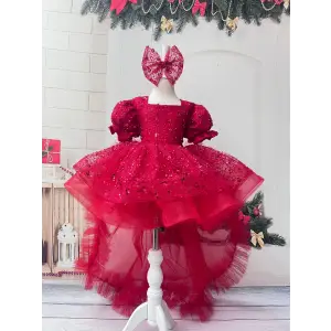 Kırmızı Taşlı Kare Yakalı Kuyruklu Kız çocuk Elbisesi Abiye