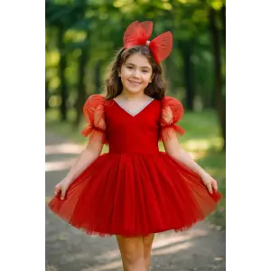 Kırmızı V Yaka Kız Çocuk Elbisesi