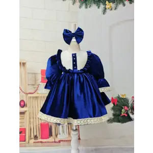 Lacivert Kız Çocuk Kadife Abiye Elbise – Lacivert Model Dantel İşlemeli