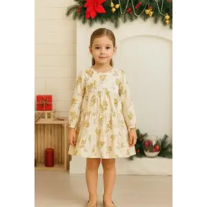 Krem Çicek Baskılı Kız Çocuk Elbisesi
