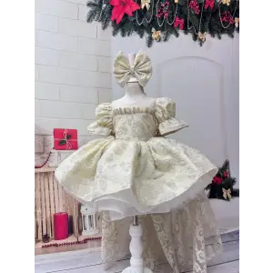 Krem Kuyruklu Fırfırlı Kız Çocuk Elbise Abiye
